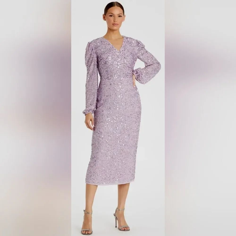 Mac Duggal 107641 Sequined Illusion Puff Sleeve Midi Dress NWT Sz 8 Lavender